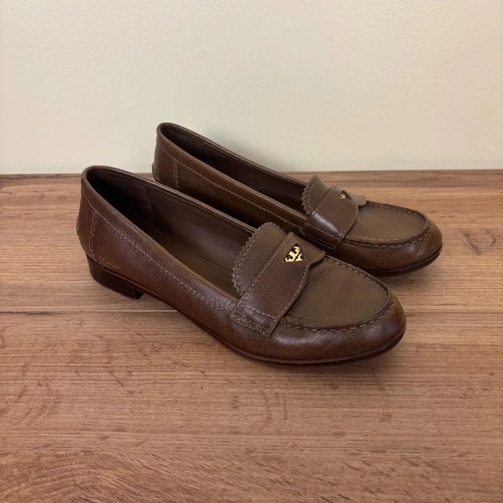 TORY BURCH Leather Penny Loafers Brown Women Size 8 Low Heel Casual Office